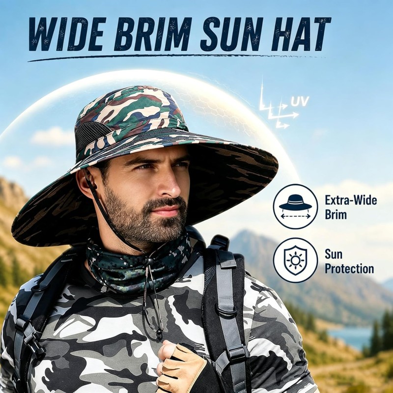 UPF 50+ wide brim bucket sun hat for men and women, ideal for fishing and hiking