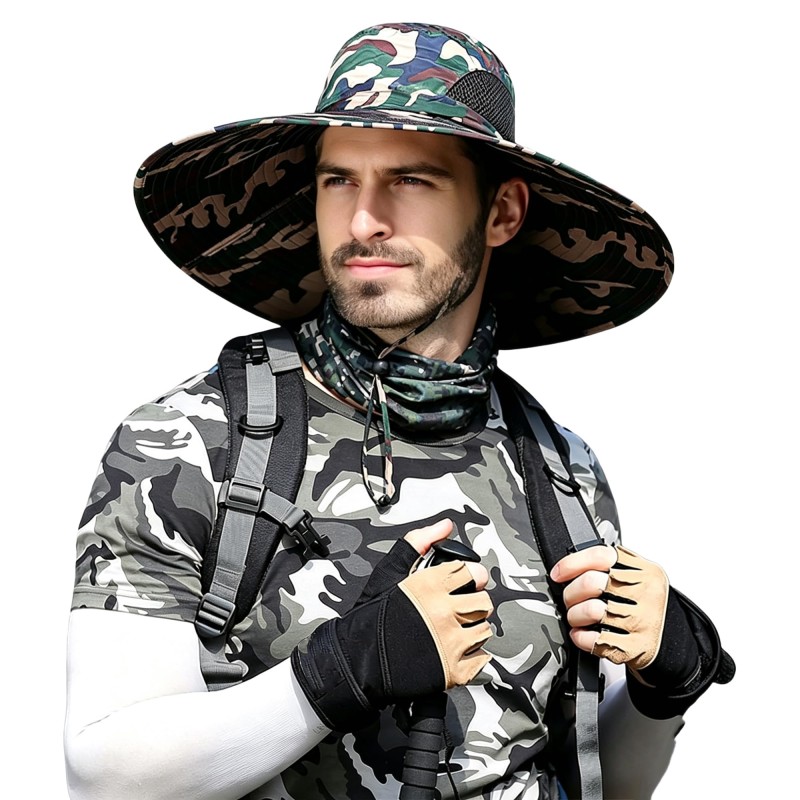 UPF 50+ wide brim bucket sun hat for men and women, ideal for fishing and hiking