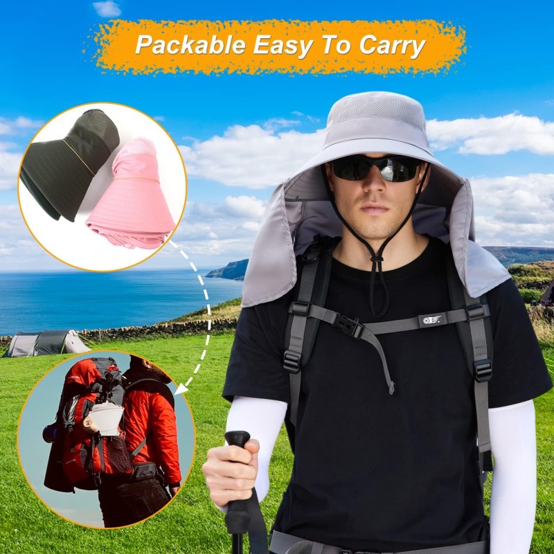 Women's Wide Brim Sun Hat Detachable Neck Flap Ponytail UV Protection Women's wide brim sun hat with detachable neck flap and ponytail for UV protection
