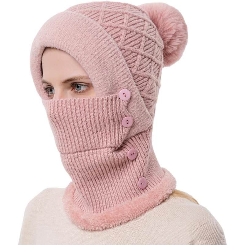 HUAMULAN Women’s Winter Fleece Lined Balaclava Beanie Scarf Set HUAMULAN Women’s Pink Pompom Balaclava Beanie Scarf Ski Hat Set
