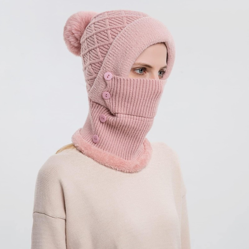 HUAMULAN Women’s Winter Fleece Lined Balaclava Beanie Scarf Set HUAMULAN Women’s Pink Pompom Balaclava Beanie Scarf Ski Hat Set