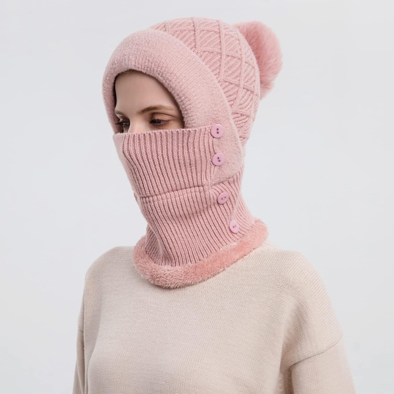 HUAMULAN Women’s Winter Fleece Lined Balaclava Beanie Scarf Set HUAMULAN Women’s Pink Pompom Balaclava Beanie Scarf Ski Hat Set