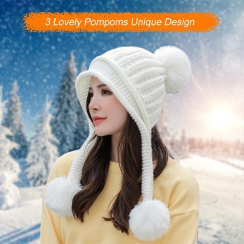 Women's Winter Beanie & Circle Scarf Set, Sherpa Fleece Lined Pom Pom, White, Ear Flaps, Ponytail Friendly, Warm for Small-Med Heads