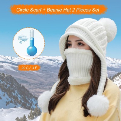 White Women's Sherpa Lined Beanie & Circle Scarf Set White Women's Sherpa Lined Beanie and Circle Scarf Set with Ear Flaps