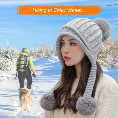 Women's Gray Winter Beanie Hat & Circle Scarf Set for Cold Weather Skiing Gray women's winter beanie and circle scarf set with fleece lined ear flaps, pom pom, ponytail-friendly for skiing