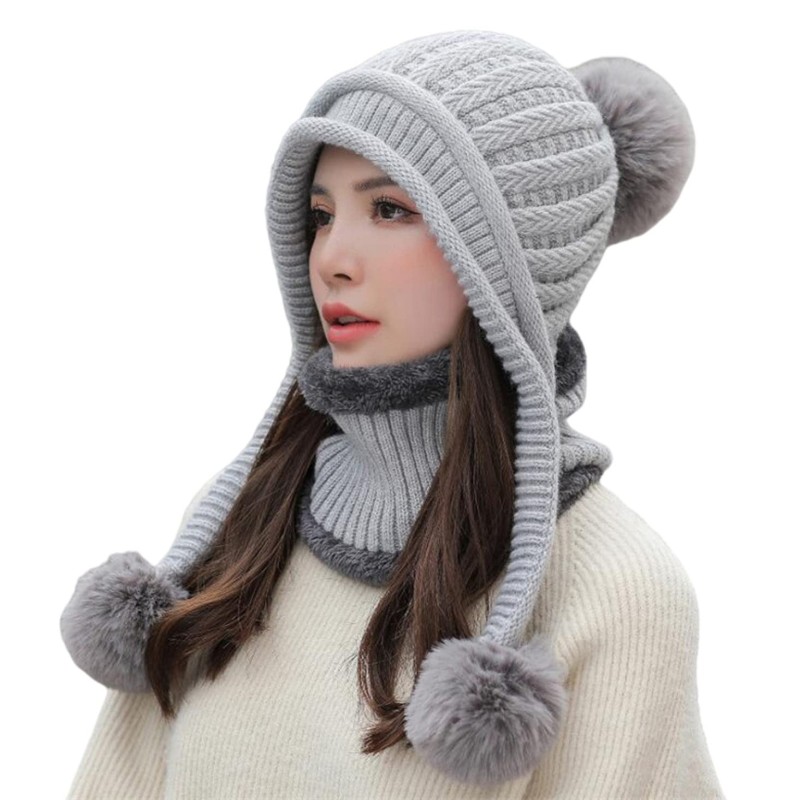 Women's Gray Winter Beanie Hat & Circle Scarf Set for Cold Weather Skiing Gray women's winter beanie and circle scarf set with fleece lined ear flaps, pom pom, ponytail-friendly for skiing