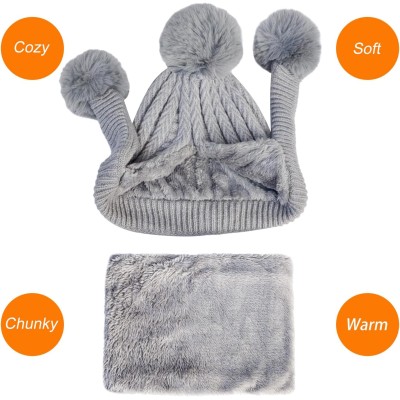 Women's Gray Winter Beanie Hat & Circle Scarf Set for Cold Weather Skiing Gray women's winter beanie and circle scarf set with fleece lined ear flaps, pom pom, ponytail-friendly for skiing