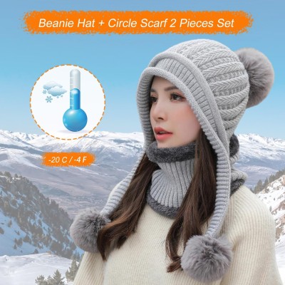 Women's Gray Winter Beanie Hat & Circle Scarf Set for Cold Weather Skiing Gray women's winter beanie and circle scarf set with fleece lined ear flaps, pom pom, ponytail-friendly for skiing