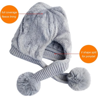 Women's Gray Winter Beanie Hat & Circle Scarf Set for Cold Weather Skiing Gray women's winter beanie and circle scarf set with fleece lined ear flaps, pom pom, ponytail-friendly for skiing