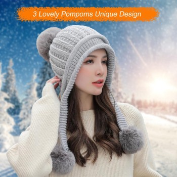 Women’s Winter Beanie Hat & Circle Scarf Set, Fleece Lined Ear Flaps, Pom Pom, Gray, Ponytail-Friendly, Cold Weather Ski