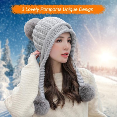 Women's Gray Winter Beanie Hat & Circle Scarf Set for Cold Weather Skiing Gray women's winter beanie and circle scarf set with fleece lined ear flaps, pom pom, ponytail-friendly for skiing