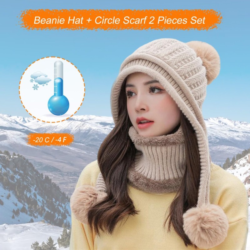 Women's Khaki Peruvian Winter Beanie and Circle Scarf Set with Pom Pom