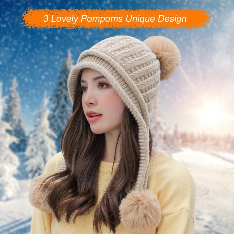 Women's Khaki Peruvian Winter Beanie and Circle Scarf Set with Pom Pom