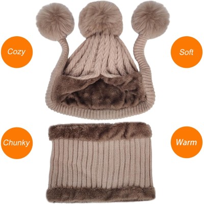 Women's Khaki Peruvian Winter Beanie and Circle Scarf Set with Pom Pom