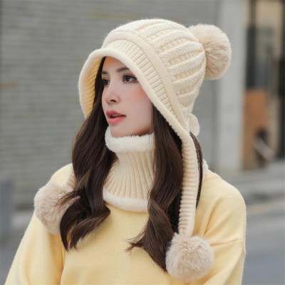 Women’s Beige Fleece Lined Beanie & Scarf Set Beige Fleece Lined Ponytail Beanie and Scarf Set with Pom Pom
