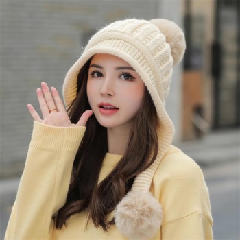 Women’s Winter Beanie & Scarf Set: Fleece Lined, Ponytail Friendly, Pom Pom, Beige Cold Weather