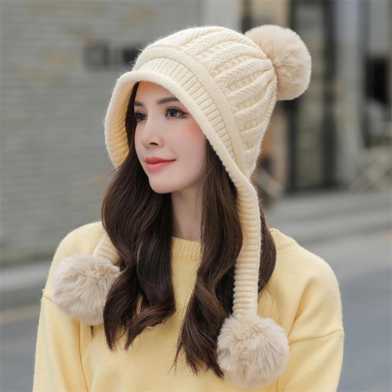 Women’s Beige Fleece Lined Beanie & Scarf Set Beige Fleece Lined Ponytail Beanie and Scarf Set with Pom Pom