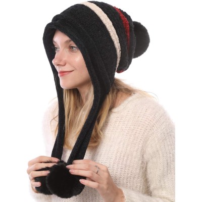 Black women’s Peruvian knit beanie with ear flaps, pom poms, fleece lining, ponytail friendly