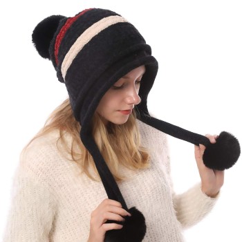 Women’s Winter Peruvian Knit Beanie – Ear Flaps, 3 Pom Poms, Fleece Lined, Ponytail Friendly, One Size Black Women’s Winter Peruvian Knit Beanie – Ear Flaps, 3 Pom Poms, Fleece Lined, Ponytail Friendly, One Size Black
