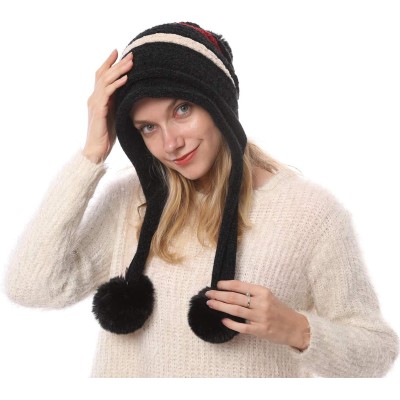 Black women’s Peruvian knit beanie with ear flaps, pom poms, fleece lining, ponytail friendly