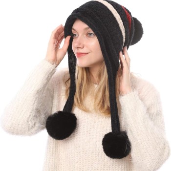 Women’s Winter Peruvian Knit Beanie – Ear Flaps, 3 Pom Poms, Fleece Lined, Ponytail Friendly, One Size Black