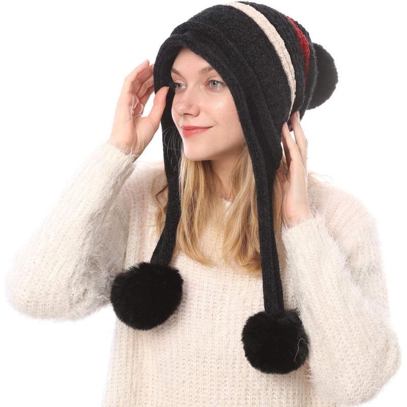 Black women’s Peruvian knit beanie with ear flaps, pom poms, fleece lining, ponytail friendly