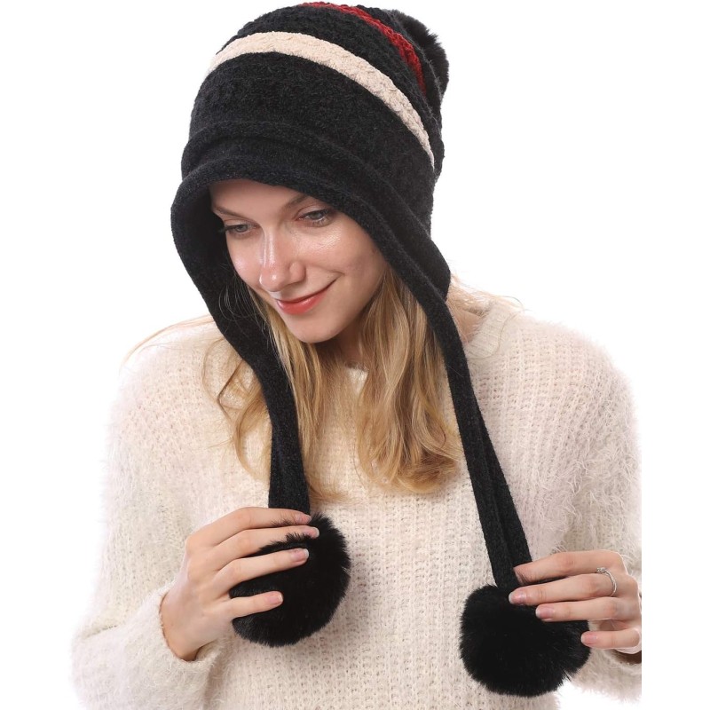 Black women’s Peruvian knit beanie with ear flaps, pom poms, fleece lining, ponytail friendly