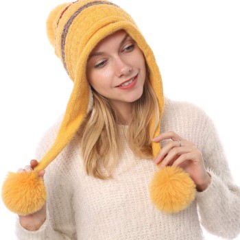 Women's Winter Peruvian Beanie Hat: Ear Flaps, 3 Pom Poms, Fleece Lined, Ponytail Friendly, Yellow
