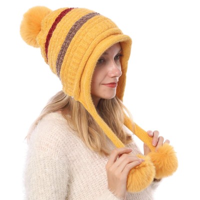Women's Yellow Peruvian Winter Beanie Hat Yellow women's Peruvian beanie with ear flaps and pom poms