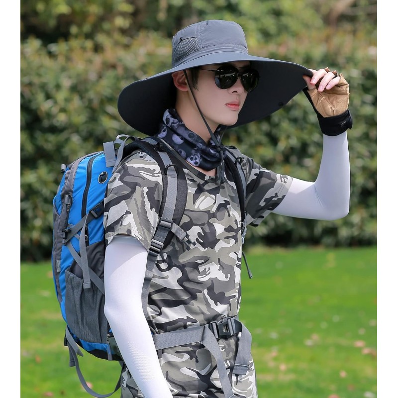 Dark gray unisex bucket hat with 6 inch wide brim for sun protection