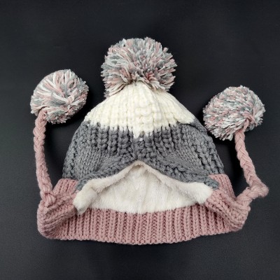 Women's grey pink Peruvian ear flap ski beanie with 3 pom poms and fleece lining