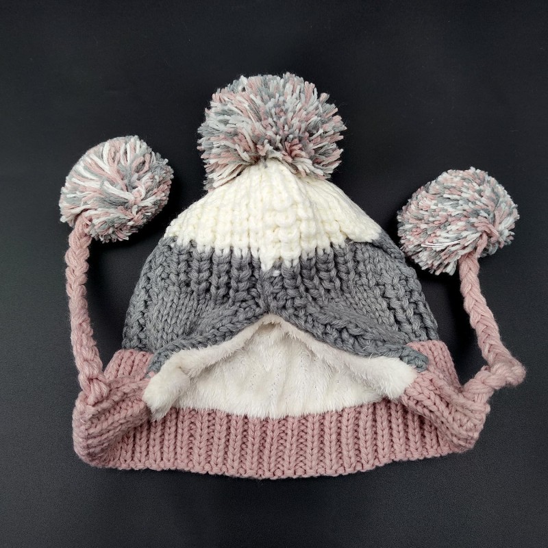 Women's grey pink Peruvian ear flap ski beanie with 3 pom poms and fleece lining