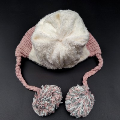 Women's grey pink Peruvian ear flap ski beanie with 3 pom poms and fleece lining