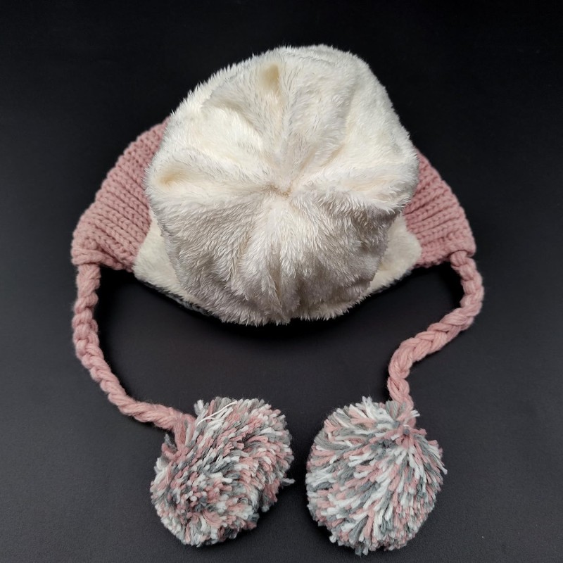 Women's grey pink Peruvian ear flap ski beanie with 3 pom poms and fleece lining