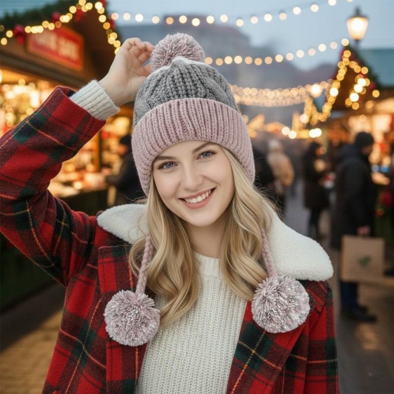 Women's grey pink Peruvian ear flap ski beanie with 3 pom poms and fleece lining