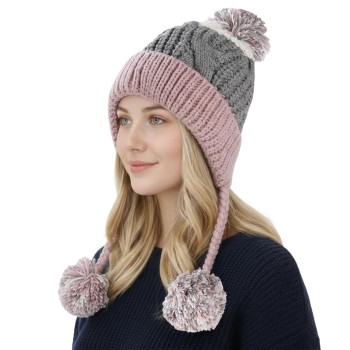 Women's Winter Peruvian Ear Flap Ski Beanie Hat | 3 Pom Poms, Fleece Lined, Ponytail Cut, One Size Grey Pink