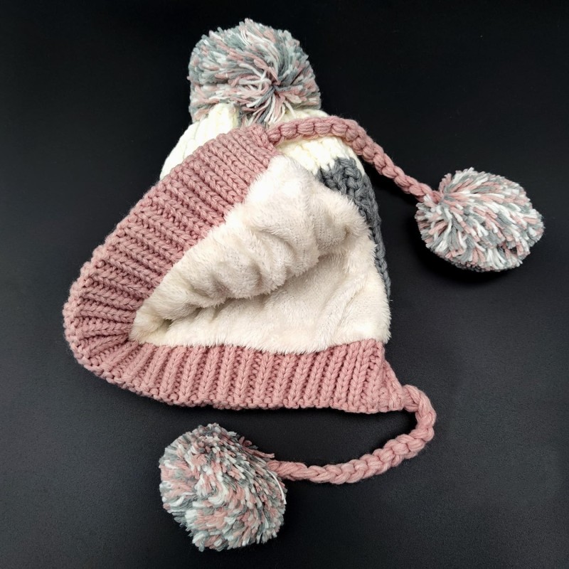 Women's grey pink Peruvian ear flap ski beanie with 3 pom poms and fleece lining