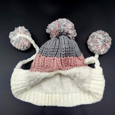 Women's Pink White Peruvian 3 Pom Pom Knit Ear Flap Fleece Lined Ski Ponytail Beanie
