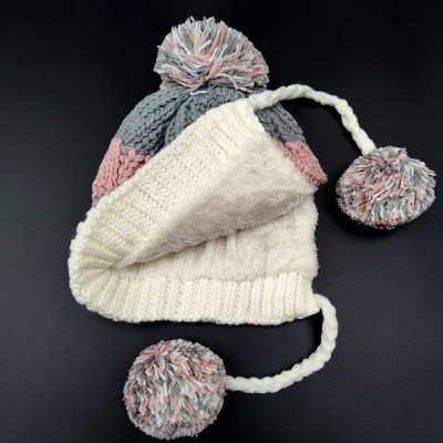 Women's Pink White Peruvian 3 Pom Pom Knit Ear Flap Fleece Lined Ski Ponytail Beanie