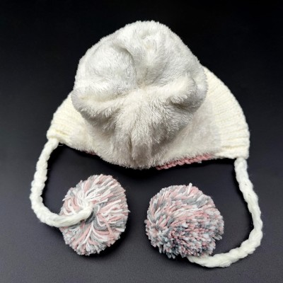 Women's Pink White Peruvian 3 Pom Pom Knit Ear Flap Fleece Lined Ski Ponytail Beanie