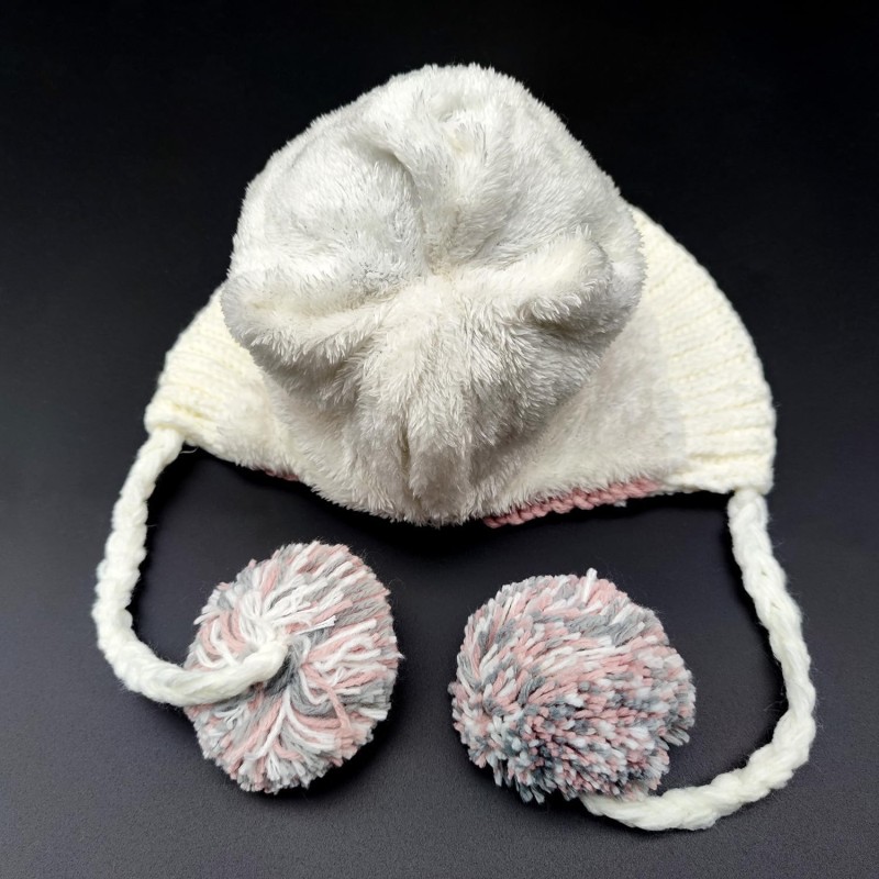 Women's Pink White Peruvian 3 Pom Pom Knit Ear Flap Fleece Lined Ski Ponytail Beanie