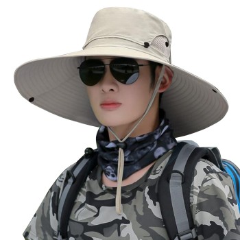 Unisex Wide Brim Ventilated Sun Protection Hat – Outdoor Hiking Beach Fishing Beige One Size