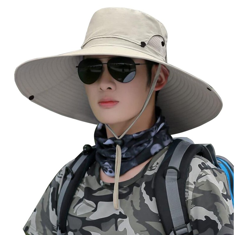 Unisex beige wide brim ventilated sun protection hat for hiking beach fishing