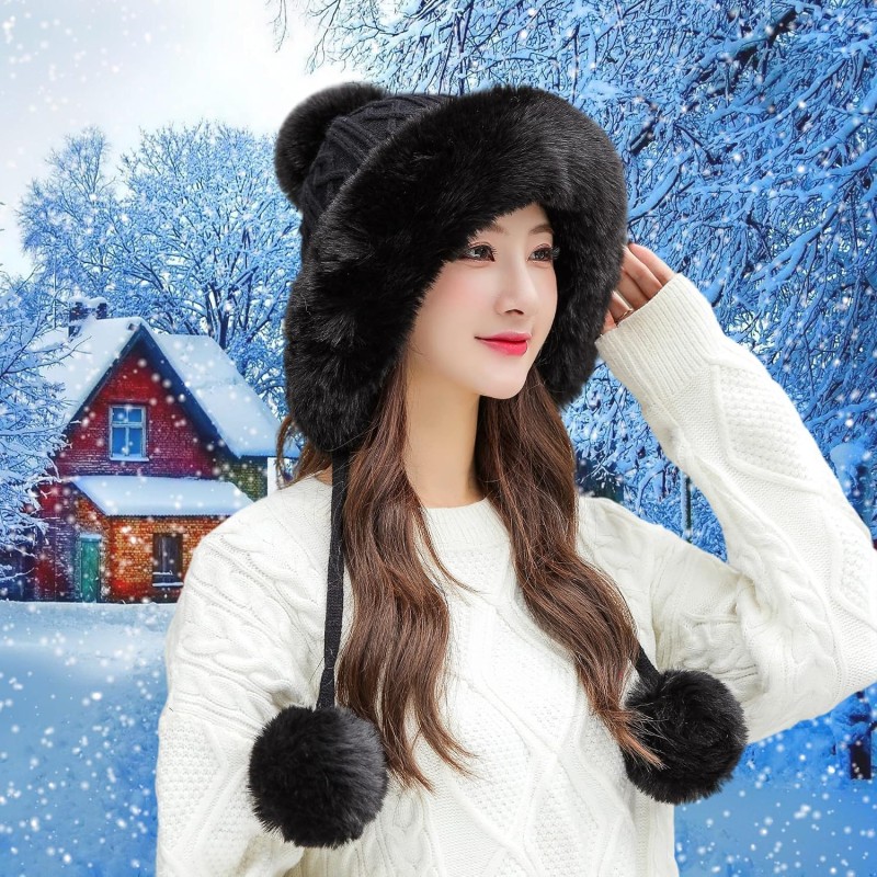 Women's Peruvian Ear Flap Beanie with 3 Pom Poms Fleece Lined Ski Hat