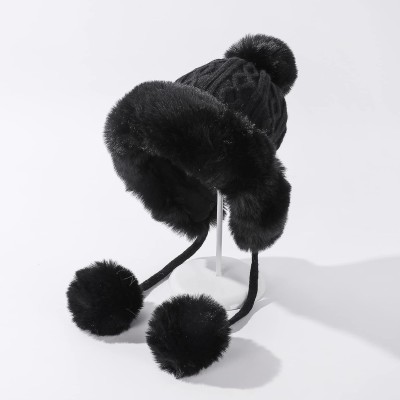 Women's Peruvian Ear Flap Beanie with 3 Pom Poms Fleece Lined Ski Hat