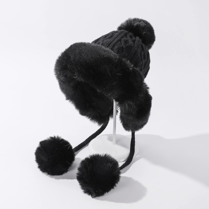 Women's Peruvian Ear Flap Beanie with 3 Pom Poms Fleece Lined Ski Hat