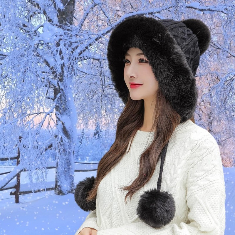 Women's Peruvian Ear Flap Beanie with 3 Pom Poms Fleece Lined Ski Hat