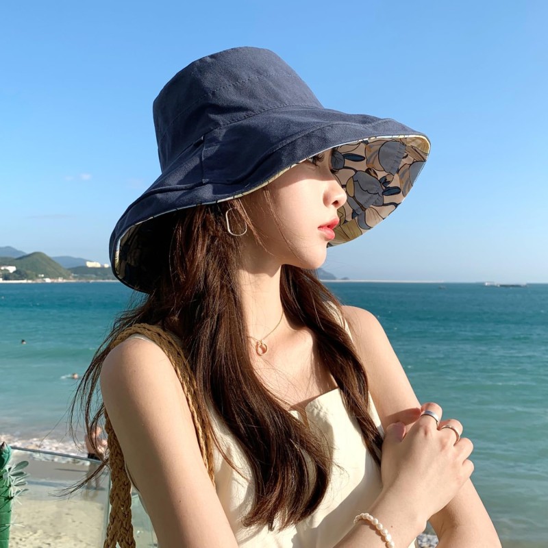 HUAMULAN Women's Navy Reversible Bucket Hat with UV Protection