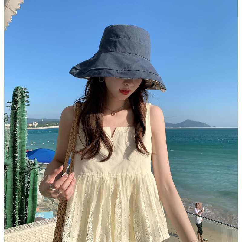 HUAMULAN Women's Navy Reversible Bucket Hat with UV Protection