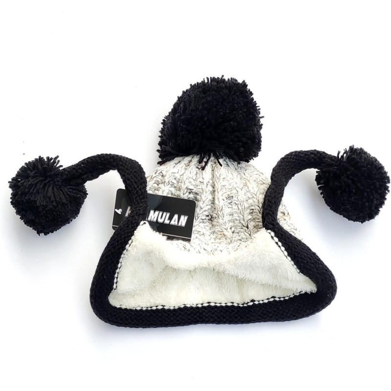 Women's Peruvian Ear Flap Beanie - White/Black Ski Hat Women's White/Black Peruvian Ear Flap Beanie with Sherpa Lining